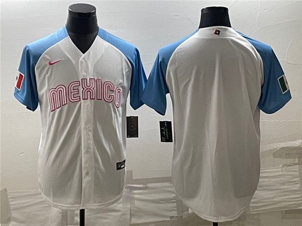 Men's Mexico Baseball Blank 2023 White Blue World Baseball Classic Stitched Jersey - Click Image to Close